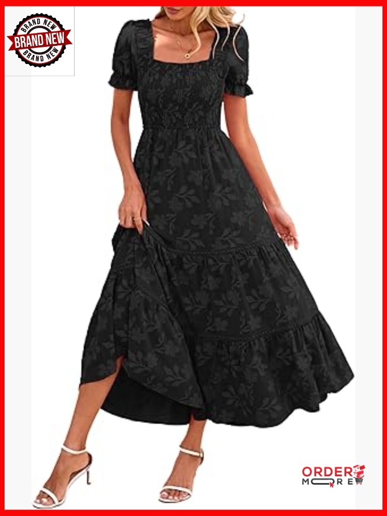 Women's Sleeveless Maxi Dress Smocked Square Neck Ruffle Wedding Guest